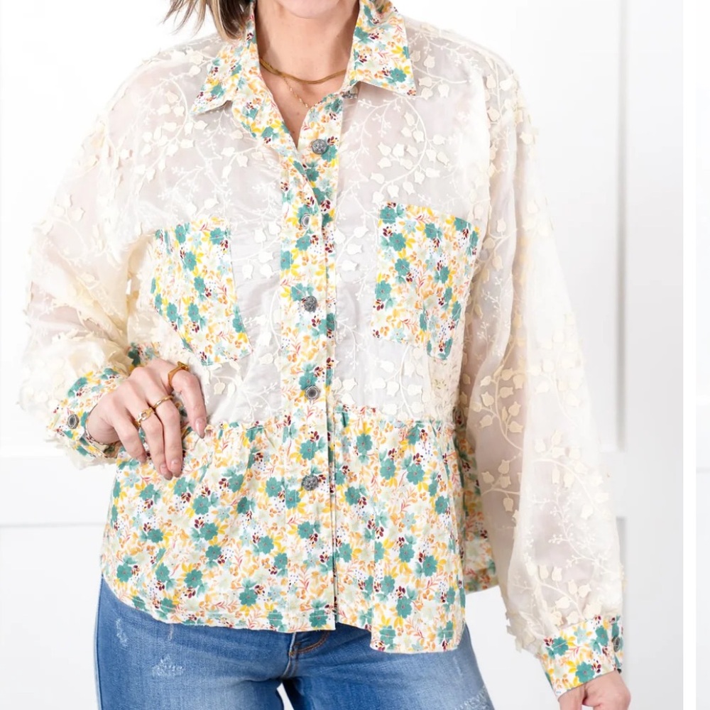 Pol Sheer Lace/Patchwork Button Down Oversized Bl… - image 2